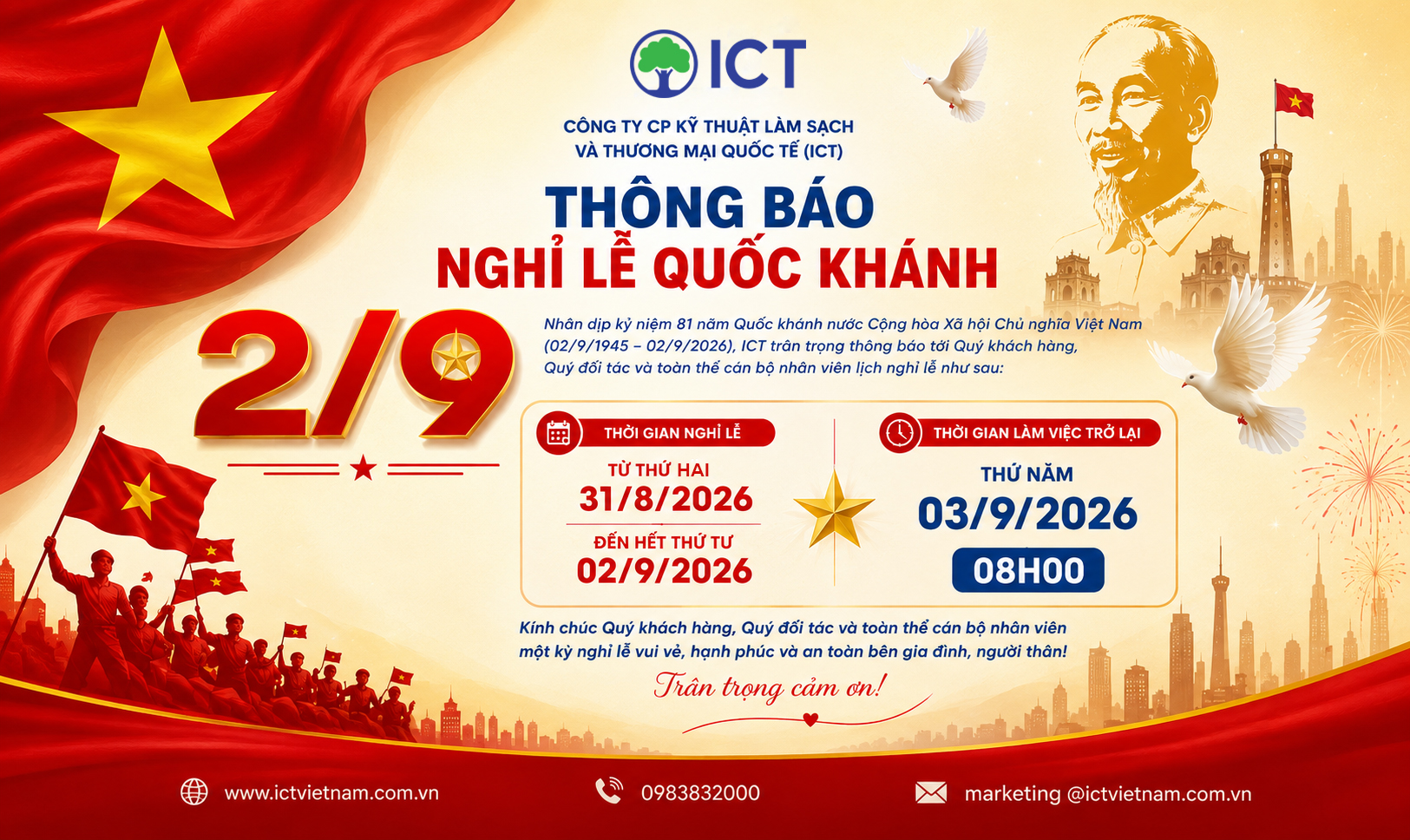 ICT THÔNG BÁO LỊCH NGHỈ LỄ QUỐC KHÁNH 02/9/2026